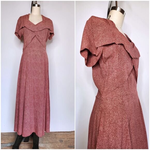 90s does 40s Maxi Dress - Polka Dot Print Dress Long Slits Dress Front & Back XS - Picture 1 of 10